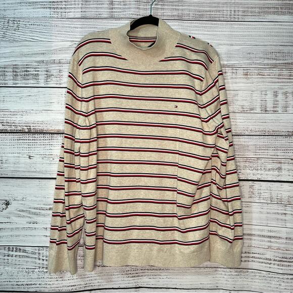 Tommy Hilfiger XXL Mock Neck Sweater Long Sleeves Tan Stripes Mens Unisex NEW! - Picture 1 of 9
